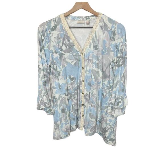 LOGO LORI GOLDSTEIN Women's Sm Rayon Button Cardigan Top Lace Ruffle Blue Cream - Picture 1 of 12